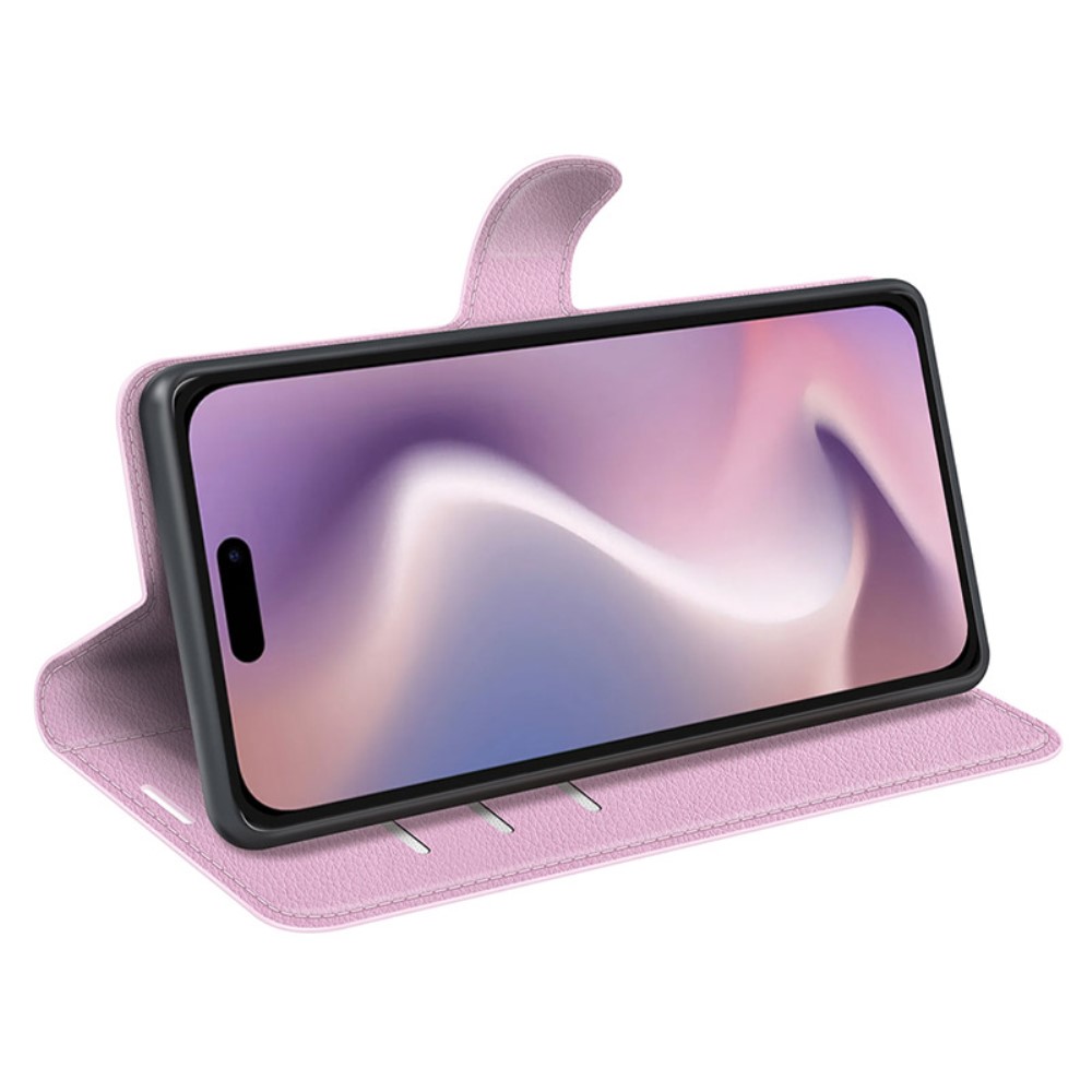  iPhone 16 Plus Fodral Litchi Läder Ljus Rosa