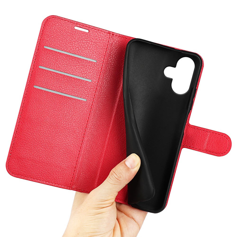  iPhone 16 Plus Fodral Litchi Läder Röd