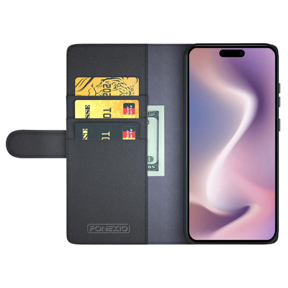  iPhone 16 Plus Fodral Premium Äkta Läder Svart