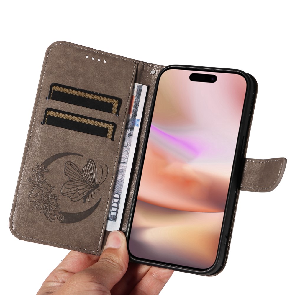 iPhone 16 Plus Fodral Med Fjäril Tryck Grå