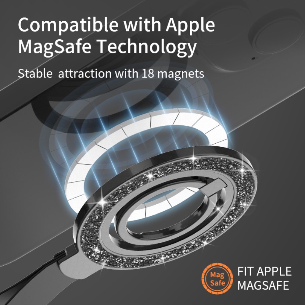  Magnetisk MagSafe Ring Hållare Glitter Silver/Svart