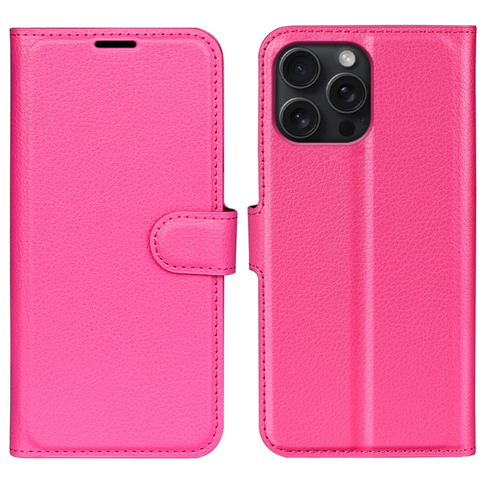  iPhone 16 Pro Max Fodral Litchi Läder Textur Rosa