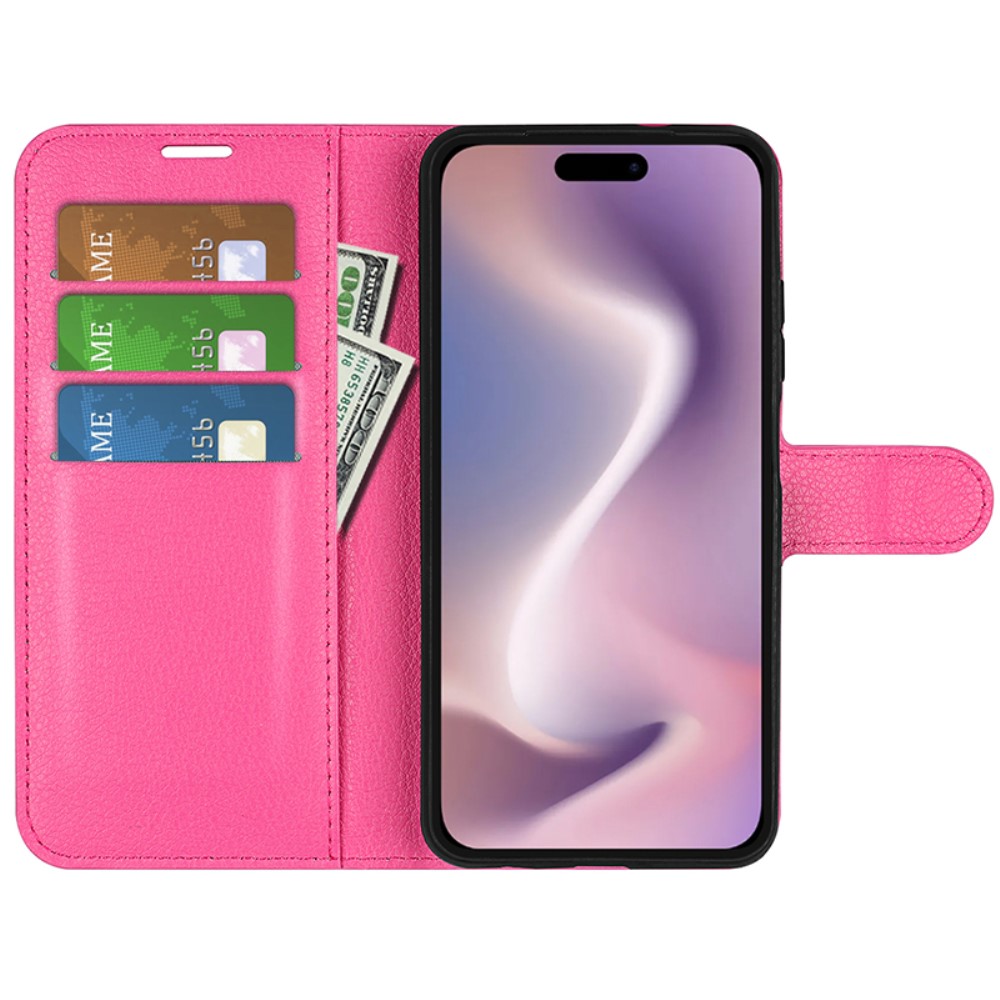  iPhone 16 Pro Max Fodral Litchi Läder Textur Rosa
