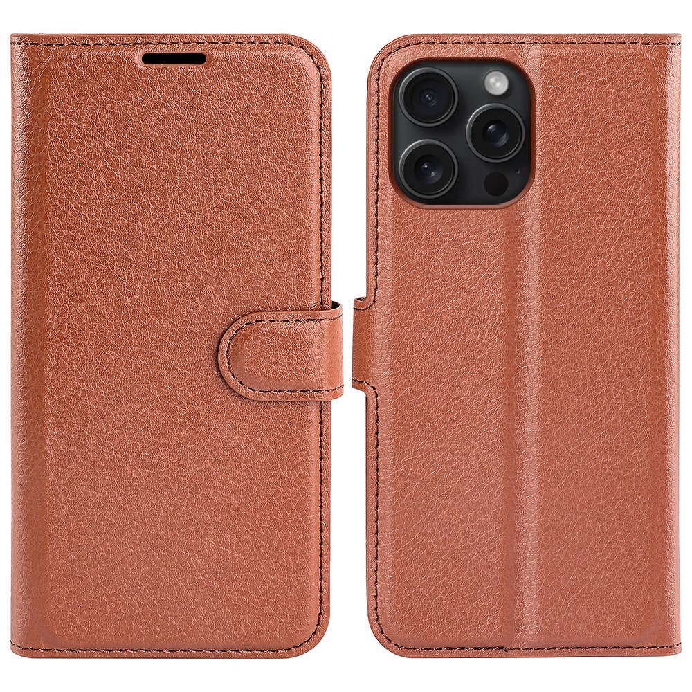  iPhone 16 Pro Max Fodral Litchi Läder Textur Brun