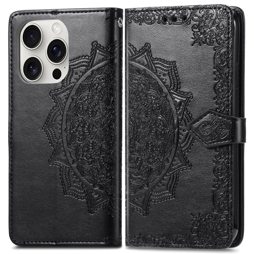  iPhone 16 Pro Fodral Mandala Läder Svart