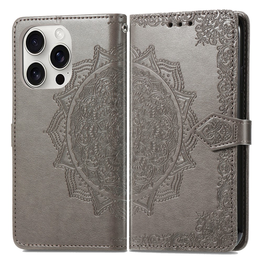  iPhone 16 Pro Max Fodral Mandala Läder Grå