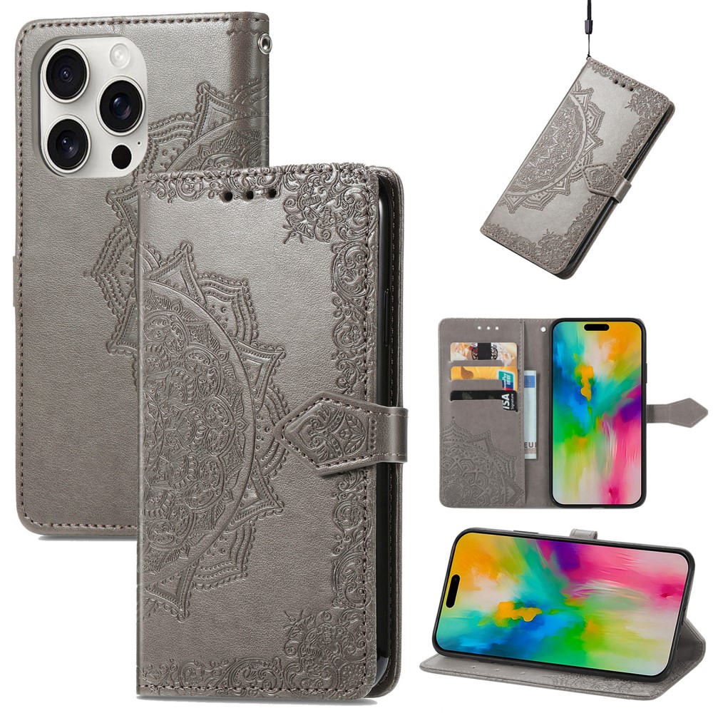  iPhone 16 Pro Max Fodral Mandala Läder Grå