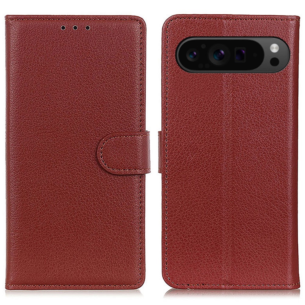  Google Pixel 10/10 Pro/9/9 Pro Fodral Litchi Läder Brun