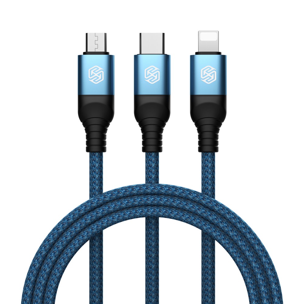 NILLKIN NILLKIN 4.4A 3in1 Lightning/USB-C/MicroUSB Laddningskabel Nylon Blå