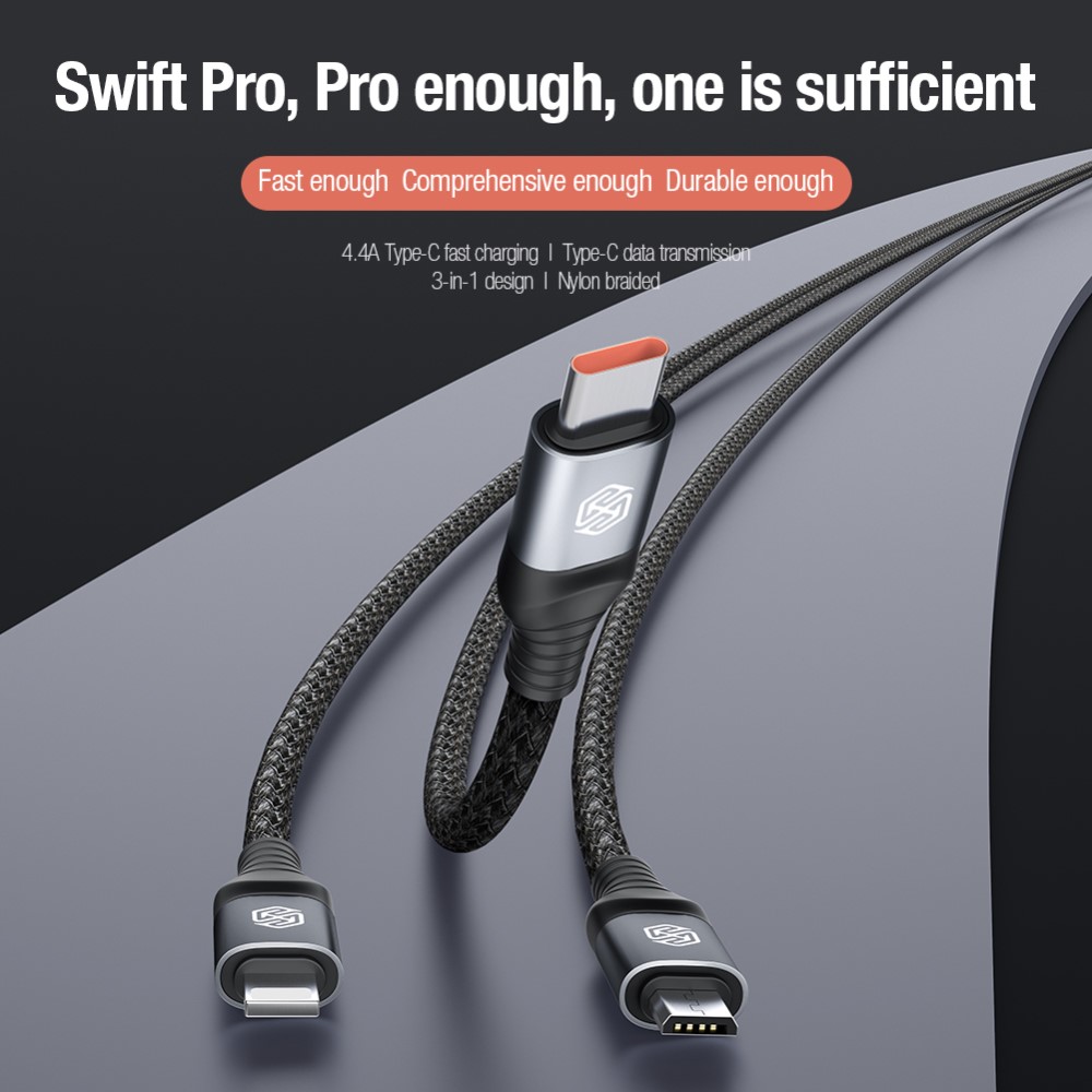 NILLKIN NILLKIN 4.4A 3in1 Lightning/USB-C/MicroUSB Laddningskabel Nylon Blå
