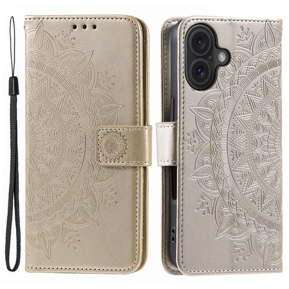  iPhone 16 Fodral Mandala Läder Guld