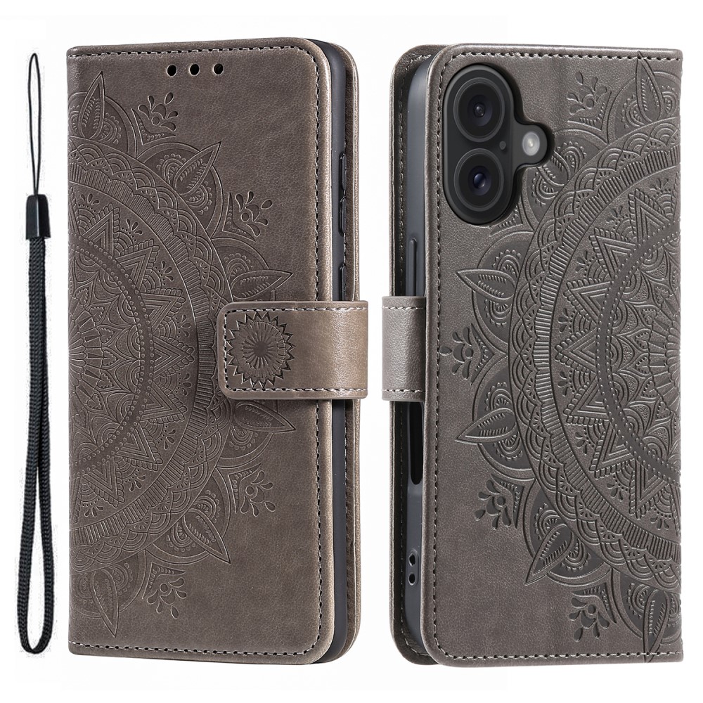  iPhone 16 Fodral Mandala Läder Grå