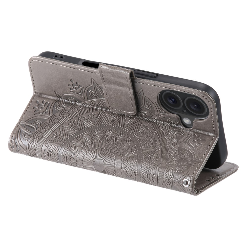  iPhone 16 Fodral Mandala Läder Grå