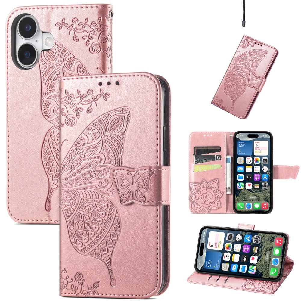  iPhone 16 Fodral Fjäril Tryck Roséguld