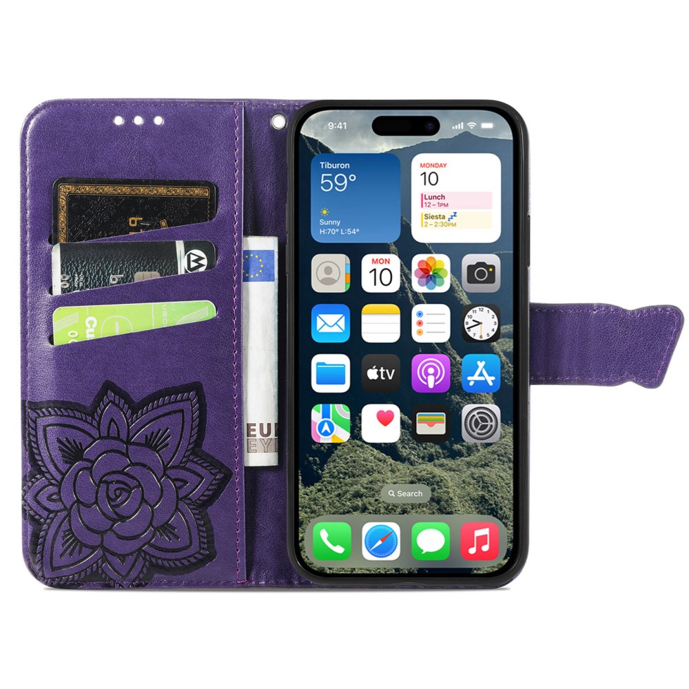  iPhone 16 Fodral Fjäril Tryck Mörk Lila