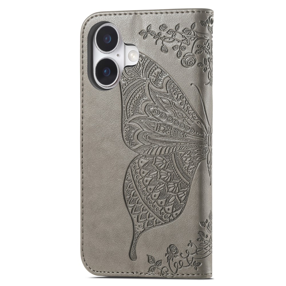  iPhone 16 Fodral Fjäril Tryck Grå
