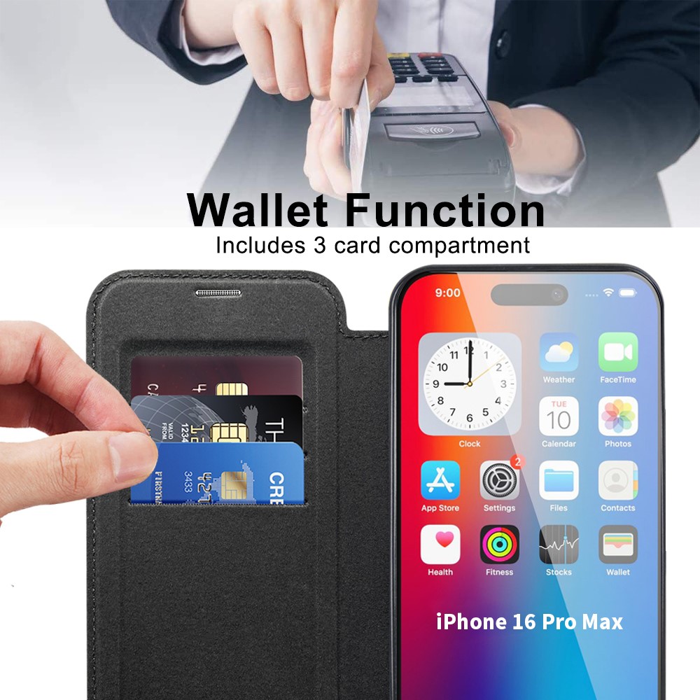 iPhone 16 Pro Max Fodral MagSafe Flip Läder RFID Svart