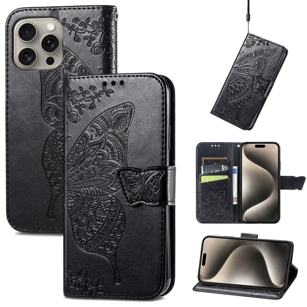  iPhone 16 Pro Max Fodral Med Fjäril Tryck Svart