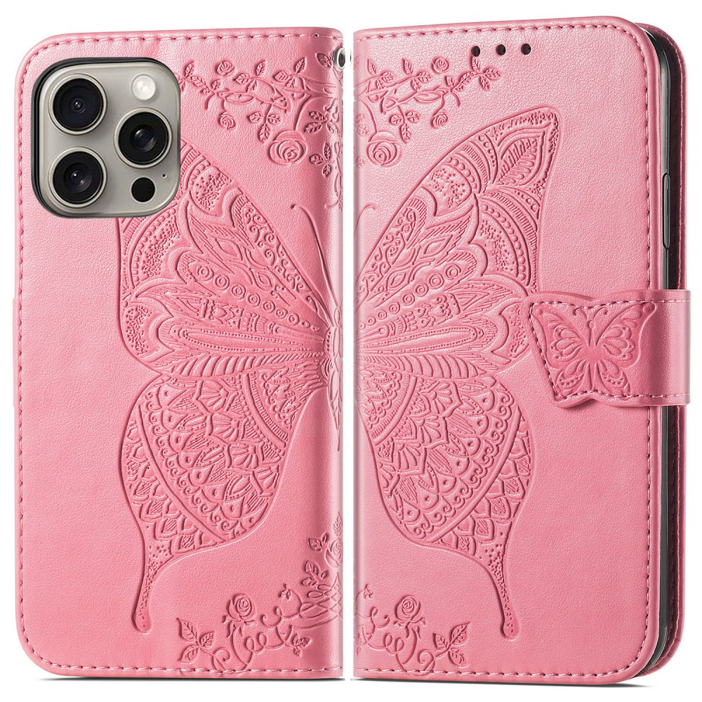  iPhone 16 Pro Max Fodral Med Fjäril Tryck Rosa