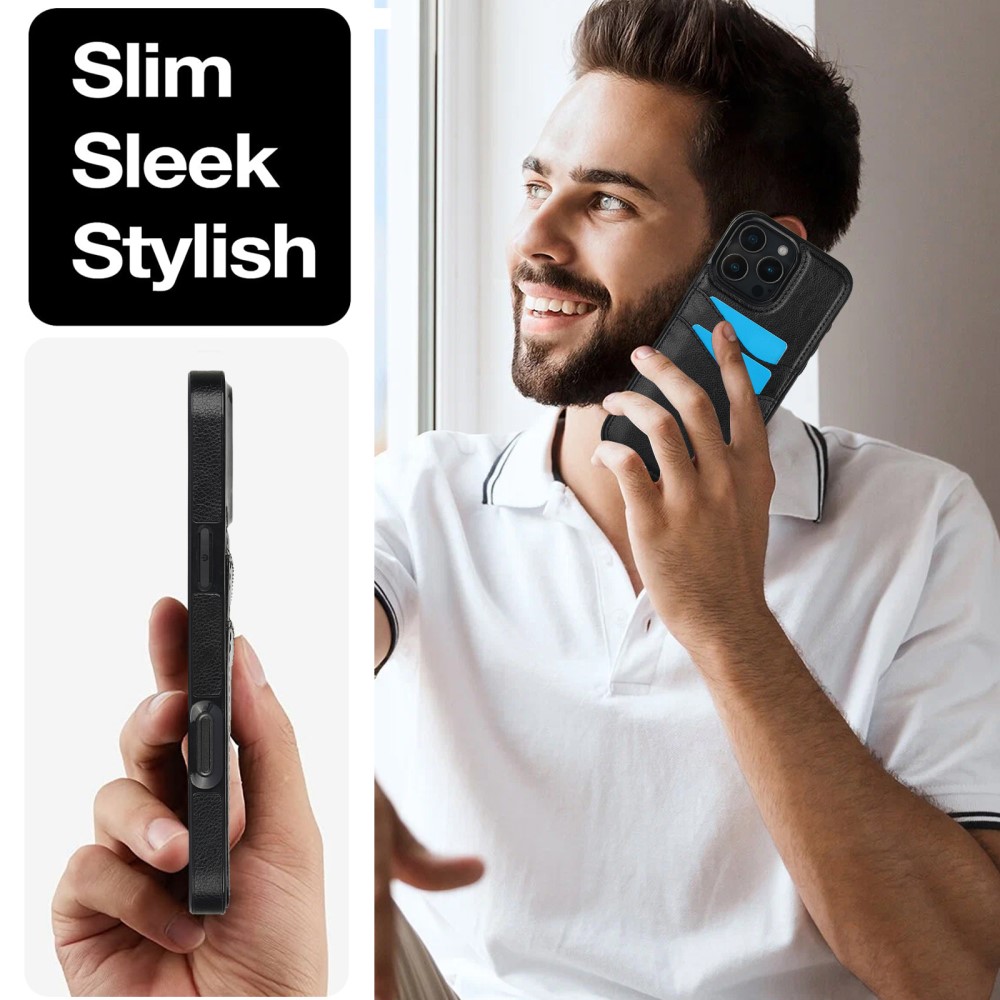 iPhone 16 Pro Max Skal Med Kortfack Läder Svart