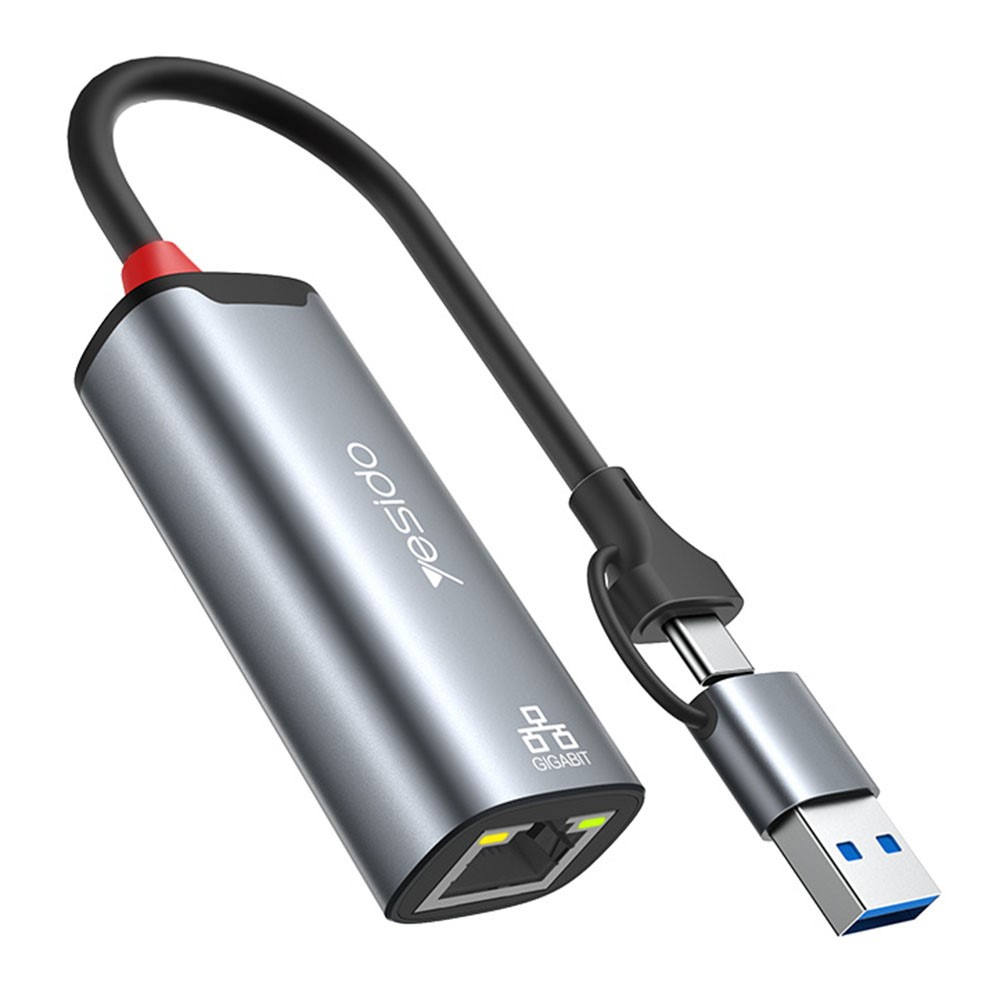 YESIDO YESIDO 2in1 USB-C/USB-A till RJ45 Adapter Grå