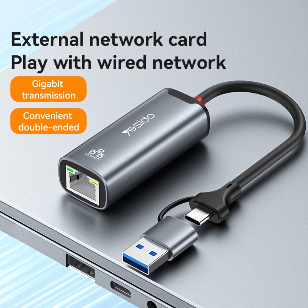 YESIDO YESIDO 2in1 USB-C/USB-A till RJ45 Adapter Grå