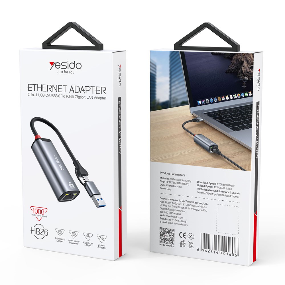 YESIDO YESIDO 2in1 USB-C/USB-A till RJ45 Adapter Grå