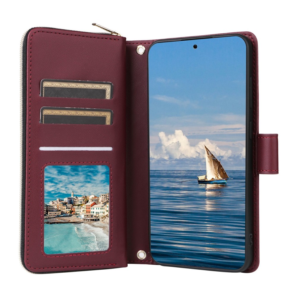  Samsung Galaxy S25 Fodral Rhombus Läder Vinröd