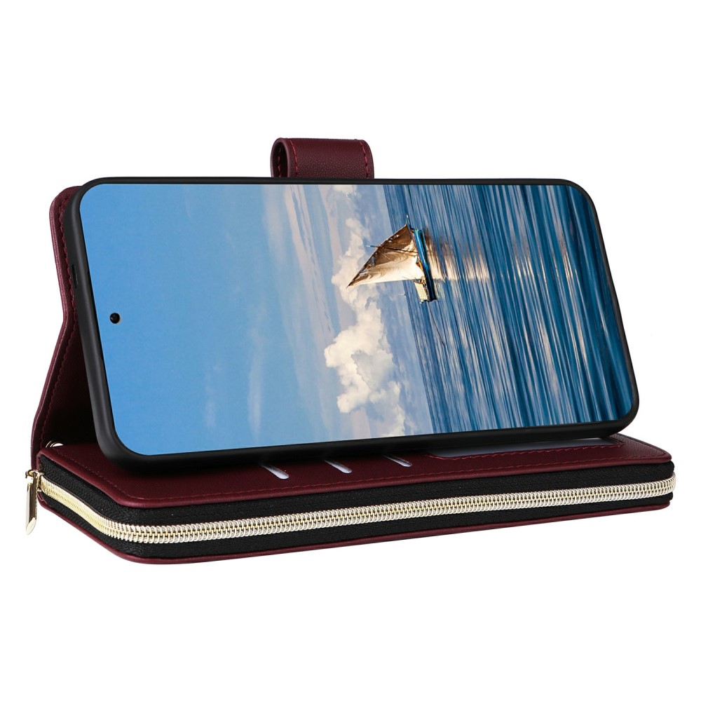  Samsung Galaxy S25 Fodral Rhombus Läder Vinröd