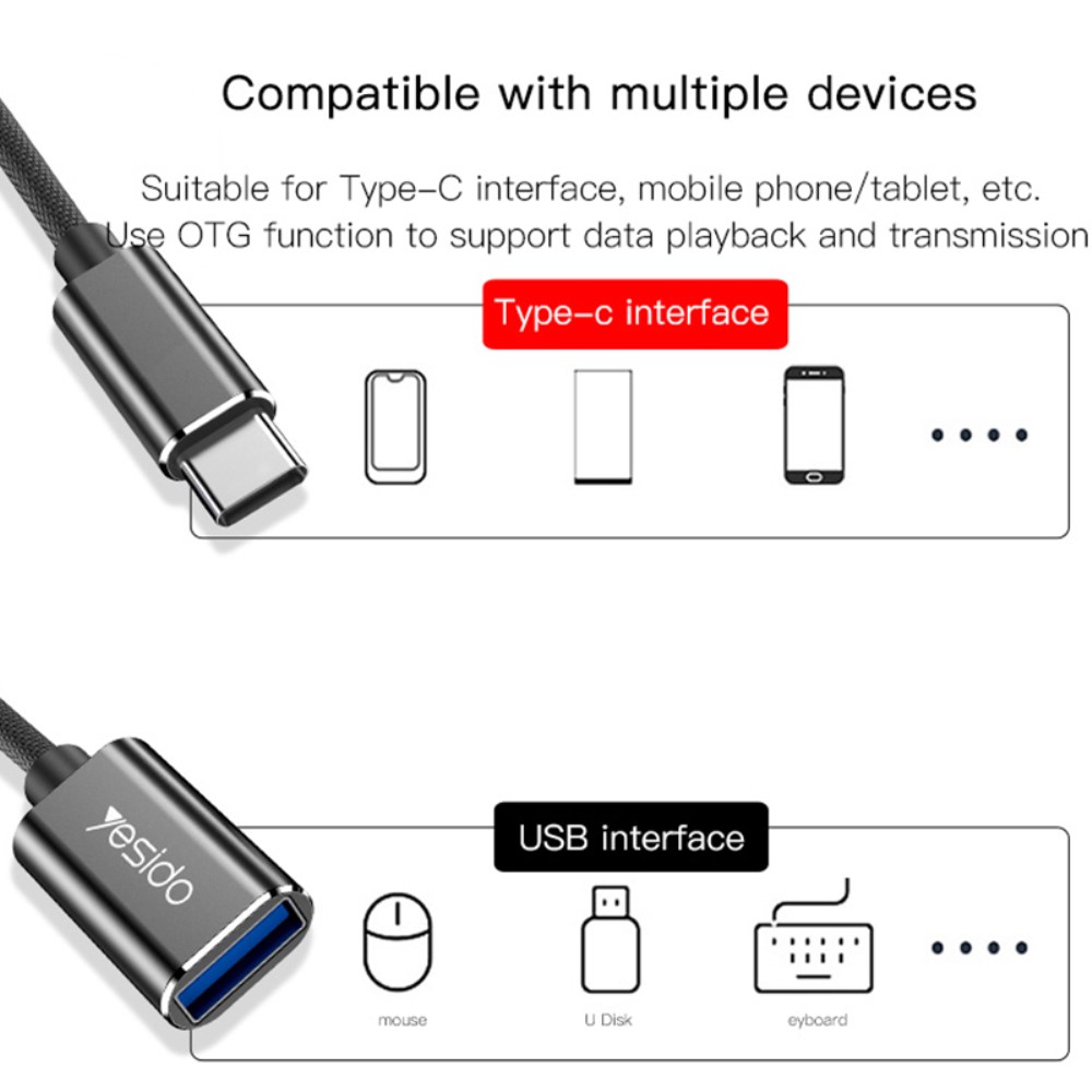 YESIDO YESIDO USB-C Hane - USB-A Hona Adapter Kabel Svart