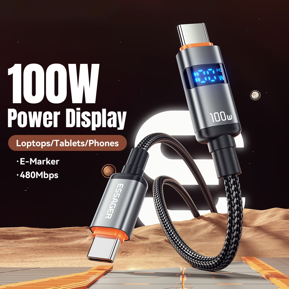 ESSAGER ESSAGER 1 m 100W 5A PD USB-C - USB-C Laddningskabel Svart