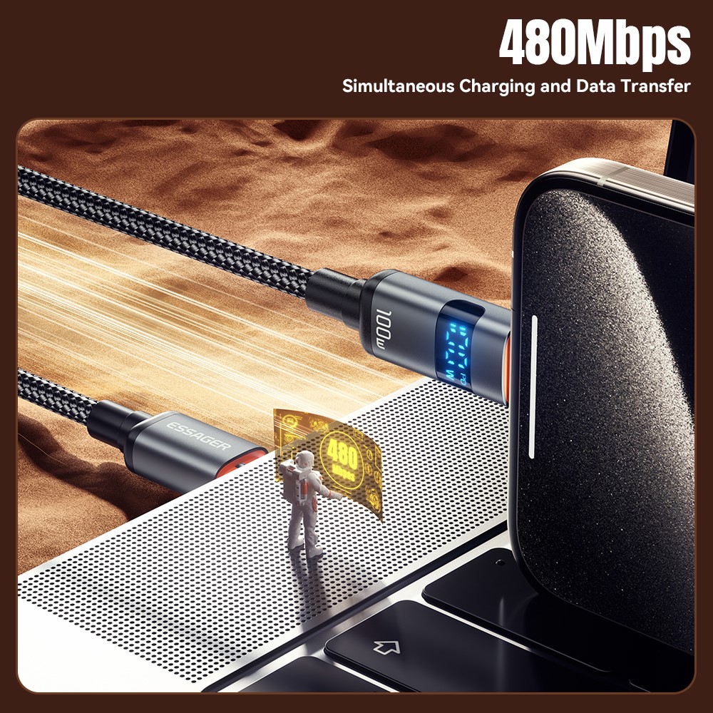 ESSAGER ESSAGER 1 m 100W 5A PD USB-C - USB-C Laddningskabel Svart