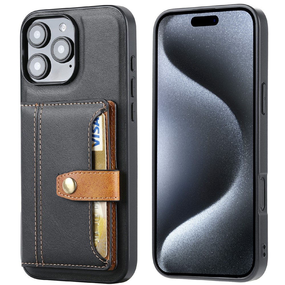  iPhone 16 Pro Läder Skal Med Kortfack Svart
