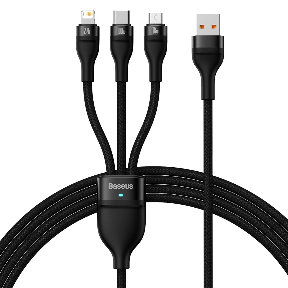 BASEUS BASEUS 1.2 m 100W 3in1 USB-C/Lightning/MicroUSB Svart