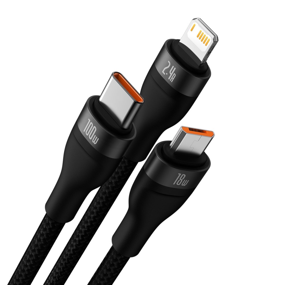 BASEUS BASEUS 1.2 m 100W 3in1 USB-C/Lightning/MicroUSB Svart