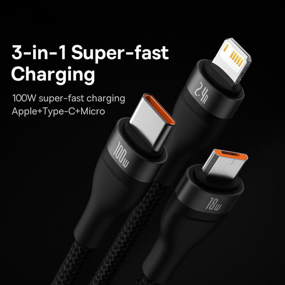 BASEUS BASEUS 1.2 m 100W 3in1 USB-C/Lightning/MicroUSB Svart
