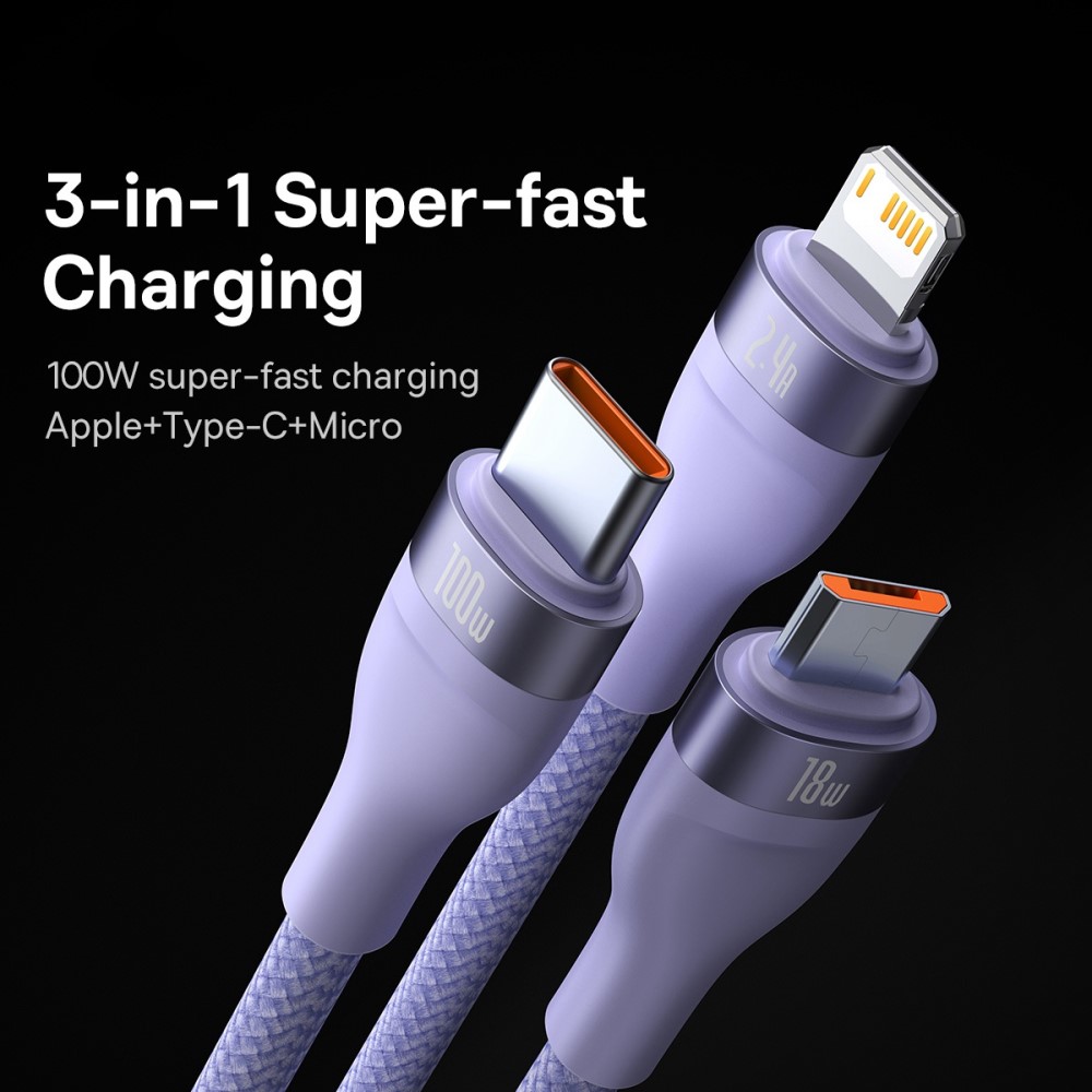 BASEUS BASEUS 1.2 m 100W 3in1 USB-C/Lightning/MicroUSB Lila
