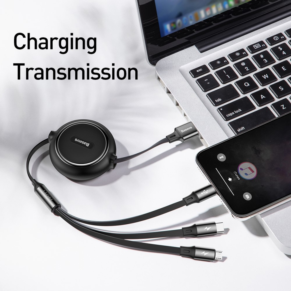 BASEUS Basues 1.2 m 3in1 USB-C / Lightning / MicroUSB Retractable Svart