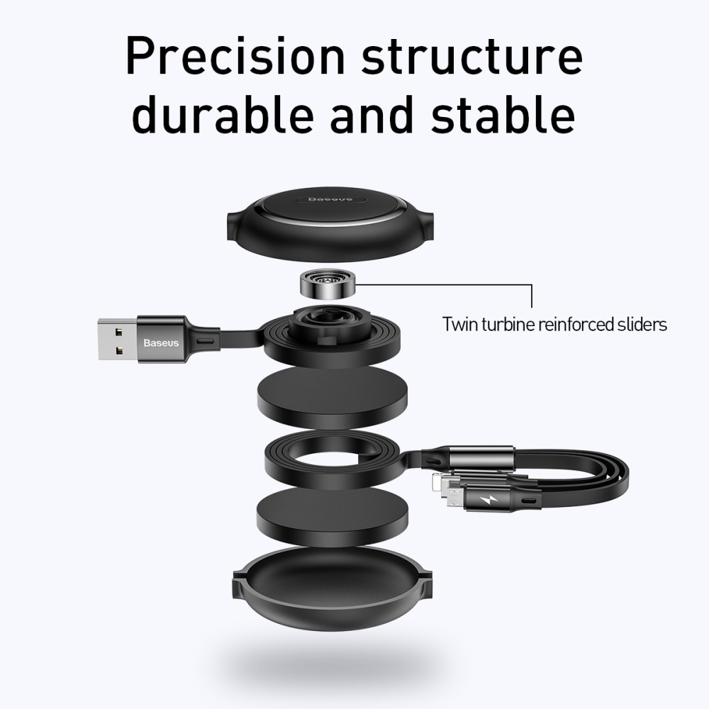 BASEUS Basues 1.2 m 3in1 USB-C / Lightning / MicroUSB Retractable Svart