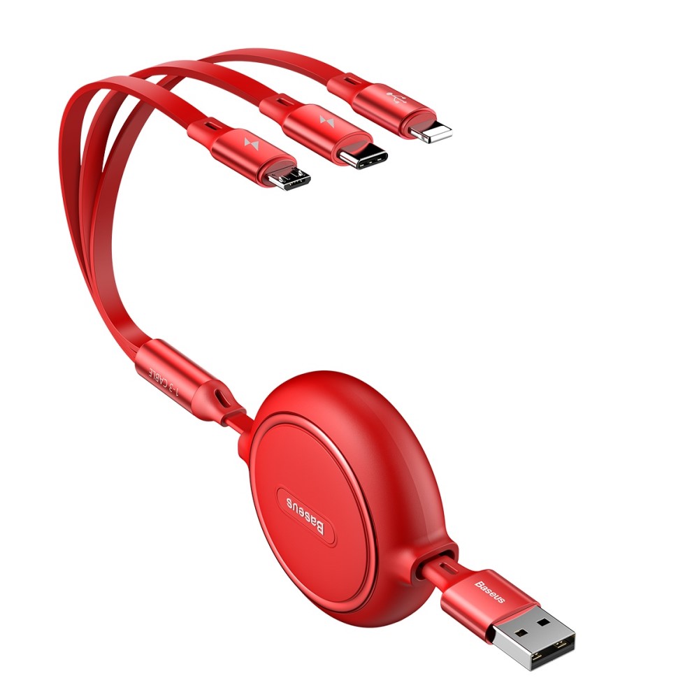 BASEUS Basues 1.2 m 3in1 USB-C / Lightning / MicroUSB Retractable Röd