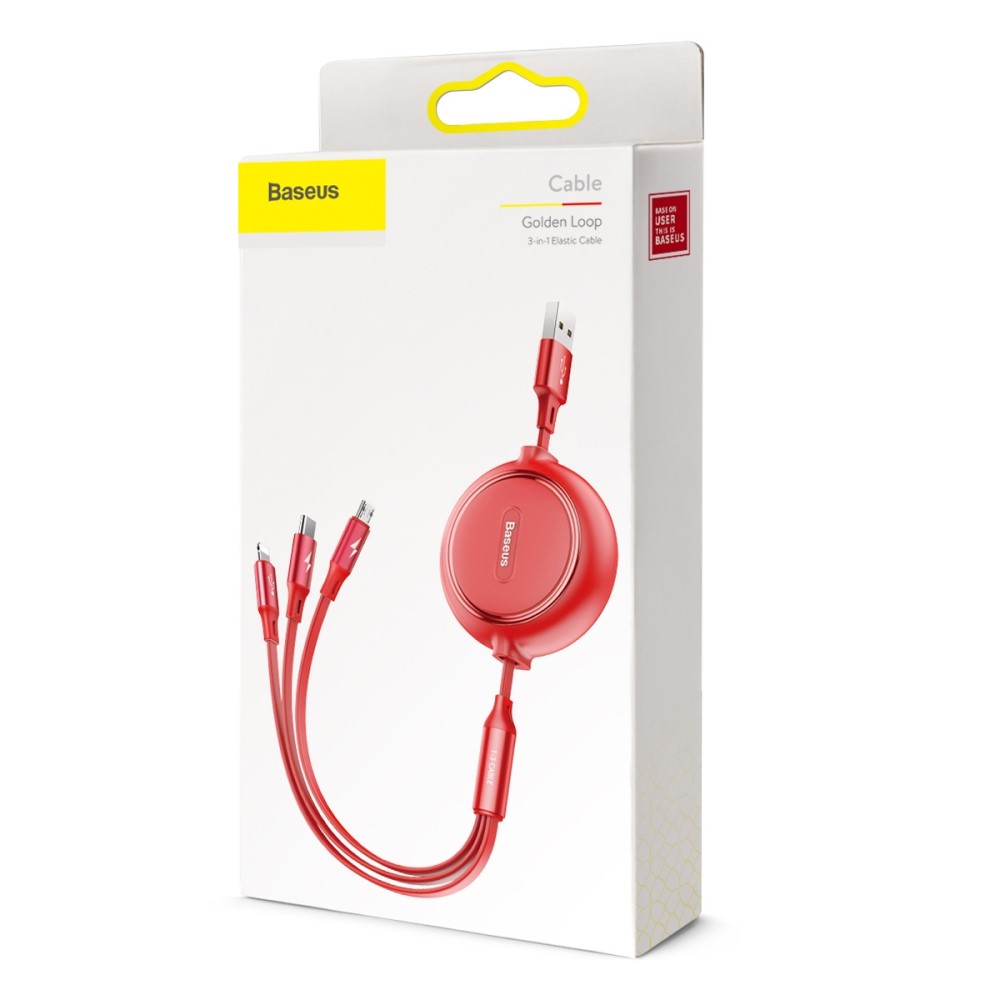 BASEUS Basues 1.2 m 3in1 USB-C / Lightning / MicroUSB Retractable Röd