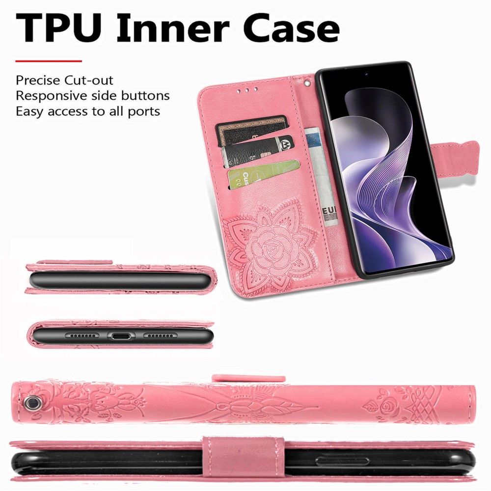  Xiaomi Redmi Note 14 Pro 5G Fodral Läder Fjäril Tryck Rosa