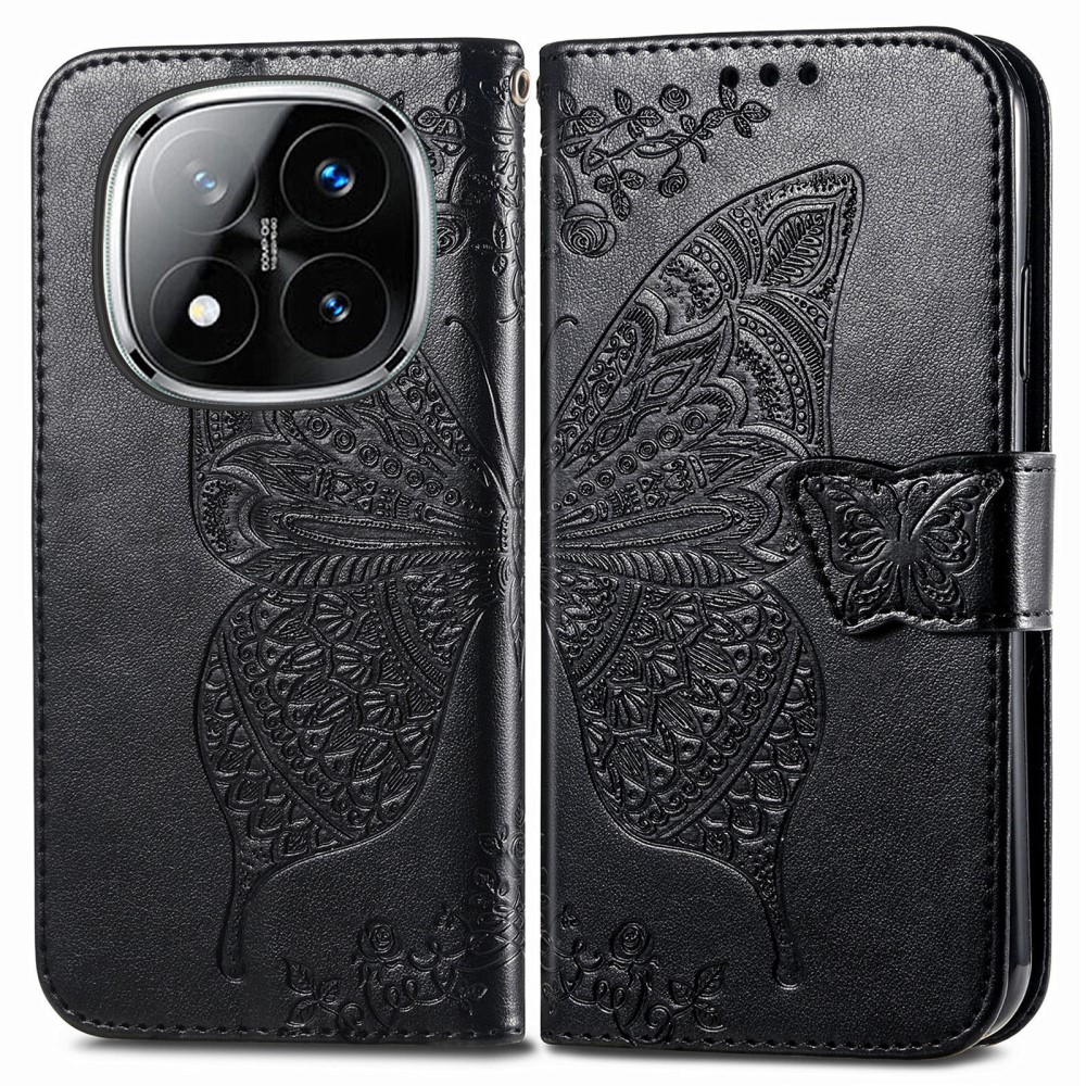  Xiaomi Redmi Note 14 Pro 5G Fodral Läder Fjäril Tryck Svart