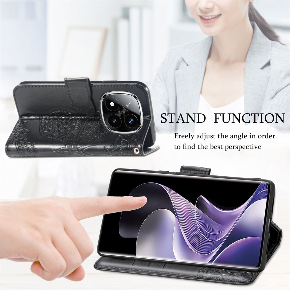  Xiaomi Redmi Note 14 Pro 5G Fodral Läder Fjäril Tryck Svart