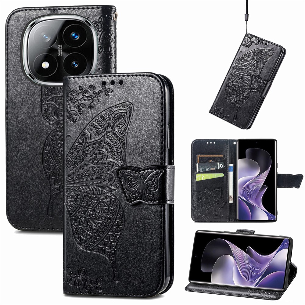  Xiaomi Redmi Note 14 Pro 5G Fodral Läder Fjäril Tryck Svart