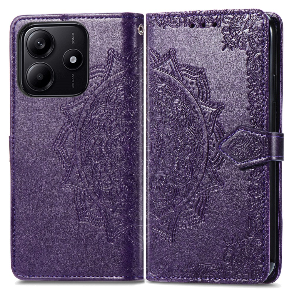  Xiaomi Redmi Note 14 5G Fodral Läder Mandala Tryck Mörk Lila