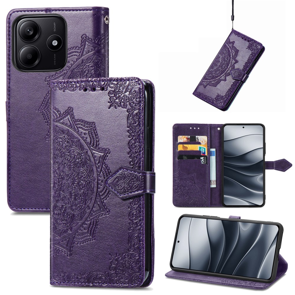  Xiaomi Redmi Note 14 5G Fodral Läder Mandala Tryck Mörk Lila