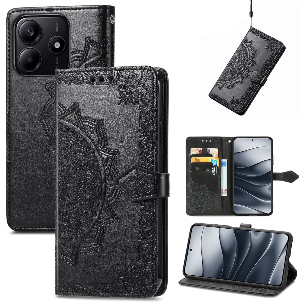  Xiaomi Redmi Note 14 5G Fodral Läder Mandala Tryck Svart