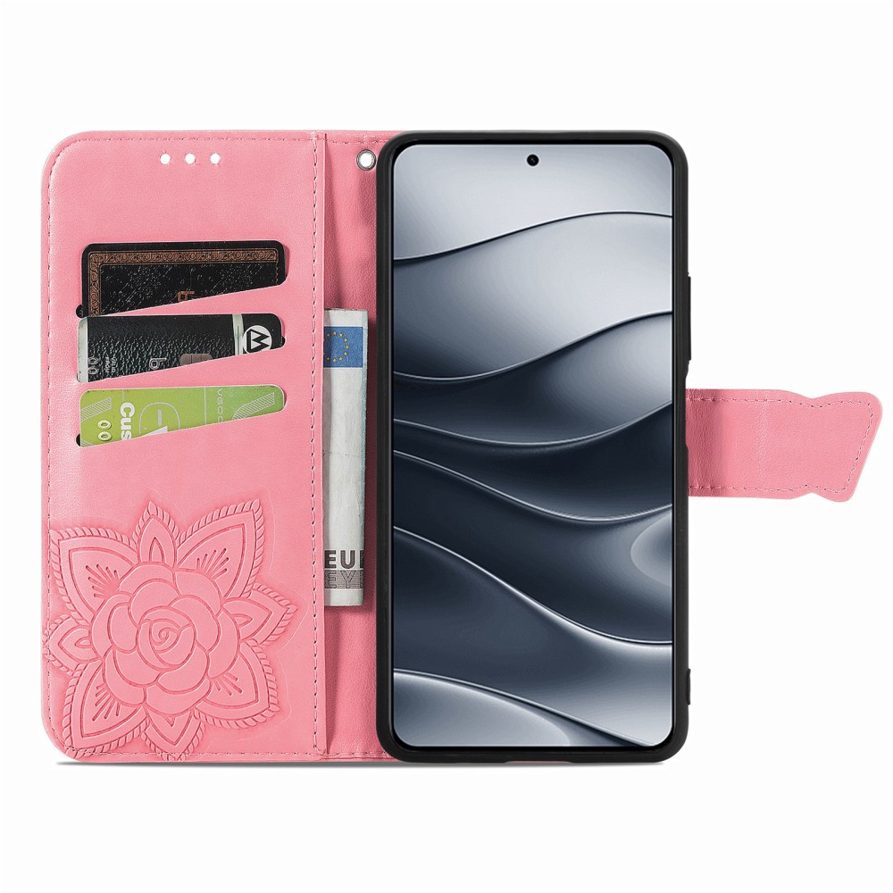  Xiaomi Redmi Note 14 5G Fodral Läder Fjäril Tryck Rosa