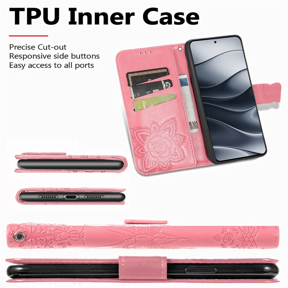  Xiaomi Redmi Note 14 5G Fodral Läder Fjäril Tryck Rosa